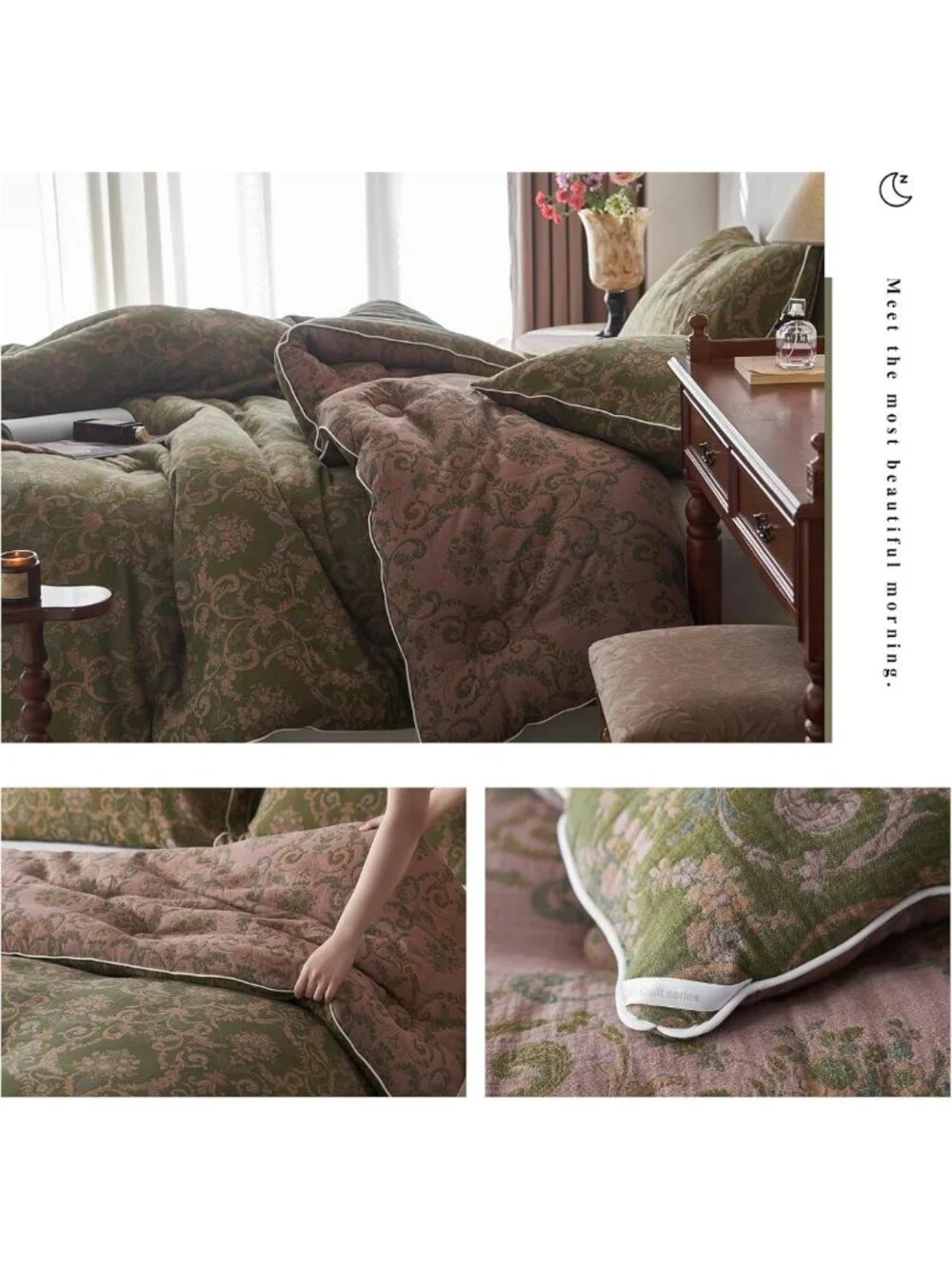 Vintage Olive Green Floral King Comforter Set - 3pcs Soft Breathable Bedding